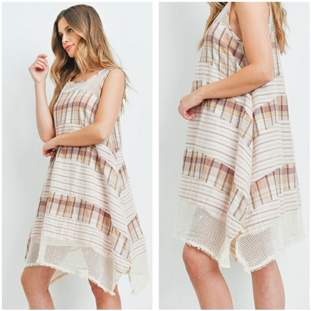 Checkered tank style swing dress with mesh details - Picture 3 of 7